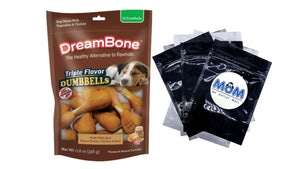 Triple Flavor Dumbbells With Peanut Butter Rawhide-Free Chews For Dogs, 1 pack, 11.8 oz, plus 3 My Outlet Mall Resealable Storage Pouches