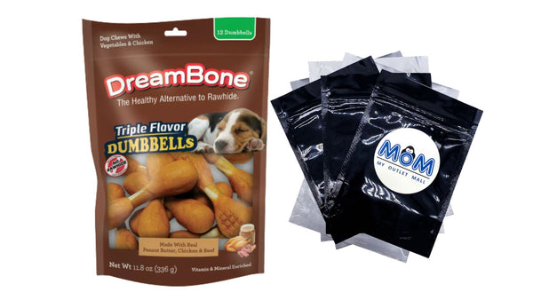 Triple Flavor Dumbbells With Peanut Butter Rawhide-Free Chews For Dogs, 1 pack, 11.8 oz, plus 3 My Outlet Mall Resealable Storage Pouches