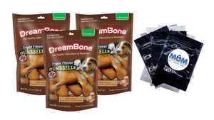 Triple Flavor Dumbbells With Peanut Butter Rawhide-Free Chews For Dogs, 3 pack, 11.8 oz per pack, plus 3 My Outlet Mall Resealable Storage Pouches