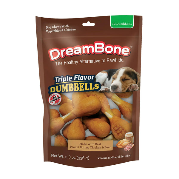 Triple Flavor Dumbbells With Peanut Butter Rawhide-Free Chews For Dogs, 2 pack, 11.8 oz per pack, plus 3 My Outlet Mall Resealable Storage Pouches