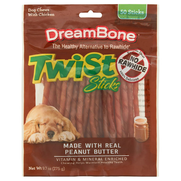 Twist Sticks with Peanut Butter Rawhide-Free Dog Chews, 3 pack, 9.7 oz (50 Count) per pack, plus 3 My Outlet Mall Resealable Storage Pouches