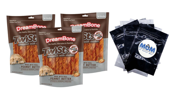 Twists Wrapped with Chicken Rawhide-Free Dog Chews, 3 pack, 8.8oz (36 Count) per pack, plus 3 My Outlet Mall Resealable Storage Pouches