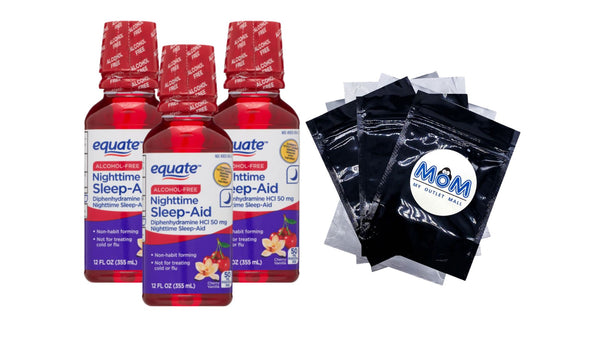 Alcohol-Free Diphenhydramine HCl Nighttime Sleep-Aid, Cherry Vanilla, 50 mg, 3 pack, 12fl oz per pack, plus 3 My Outlet Mall Resealable Storage Pouches