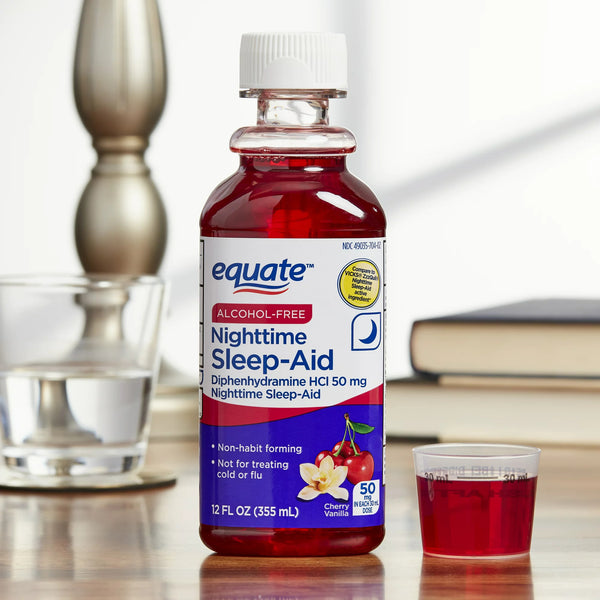 Alcohol-Free Diphenhydramine HCl Nighttime Sleep-Aid, Cherry Vanilla, 50 mg, 2 pack, 12fl oz per pack, plus 3 My Outlet Mall Resealable Storage Pouches