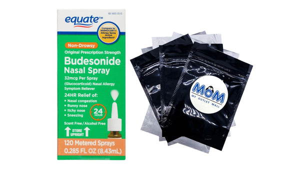 Allergy Relief 24-Hour Non-Drowsy Budesonide Nasal Spray 32mcg, 120 sprays, 1 pack, 0.285fl oz, plus 3 My Outlet Mall Resealable Storage Pouches