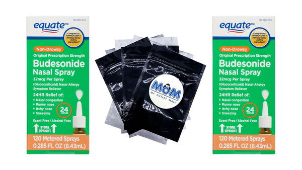 Allergy Relief 24-Hour Non-Drowsy Budesonide Nasal Spray 32mcg, 120 sprays, 2 pack, 0.285fl oz per pack, plus 3 My Outlet Mall Resealable Storage Pouches