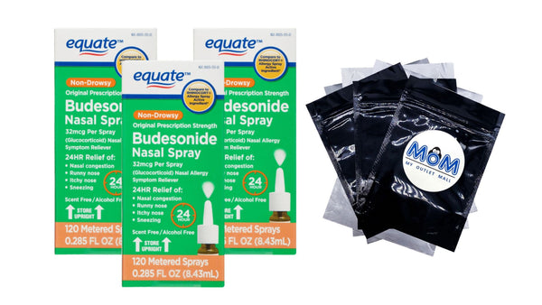 Allergy Relief 24-Hour Non-Drowsy Budesonide Nasal Spray 32mcg, 120 sprays, 3 pack, 0.285fl oz per pack, plus 3 My Outlet Mall Resealable Storage Pouches