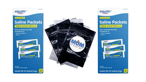 All Natural Saline Packets Sinus Wash Refills for Allergies & Congestion, 2 pack, 50 count per pack, plus 3 My Outlet Mall Resealable Storage Pouches