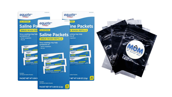 All Natural Saline Packets Sinus Wash Refills for Allergies & Congestion, 3 pack, 50 count per pack, plus 3 My Outlet Mall Resealable Storage Pouches