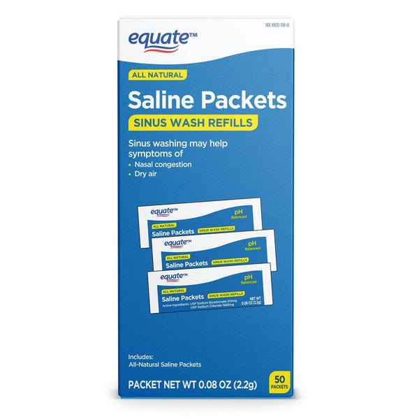 All Natural Saline Packets Sinus Wash Refills for Allergies & Congestion, 2 pack, 50 count per pack, plus 3 My Outlet Mall Resealable Storage Pouches