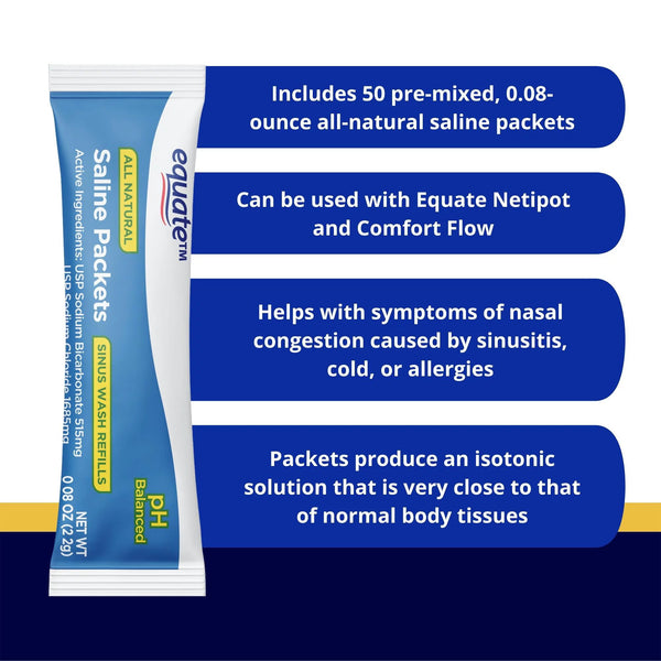 All Natural Saline Packets Sinus Wash Refills for Allergies & Congestion, 3 pack, 50 count per pack, plus 3 My Outlet Mall Resealable Storage Pouches