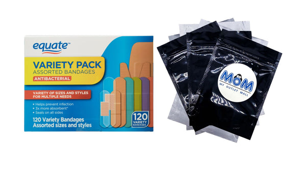 Antibacterial Assorted Bandages Variety Pack, 1 pack, 120 count, plus 3 My Outlet Mall Resealable Storage Pouches
