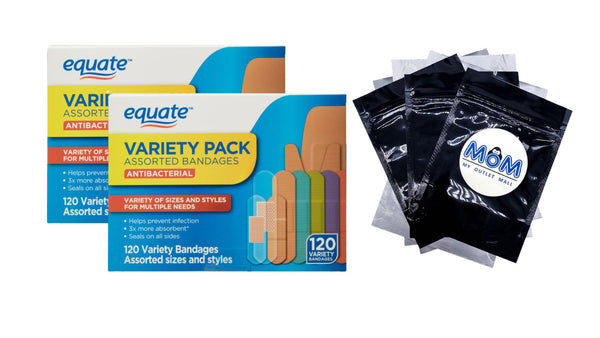Antibacterial Assorted Bandages Variety Pack, 2 pack, 120 count per pack, plus 3 My Outlet Mall Resealable Storage Pouches