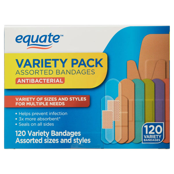 Antibacterial Assorted Bandages Variety Pack, 1 pack, 120 count, plus 3 My Outlet Mall Resealable Storage Pouches