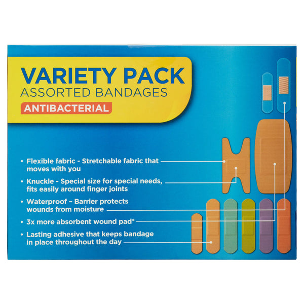 Antibacterial Assorted Bandages Variety Pack, 1 pack, 120 count, plus 3 My Outlet Mall Resealable Storage Pouches