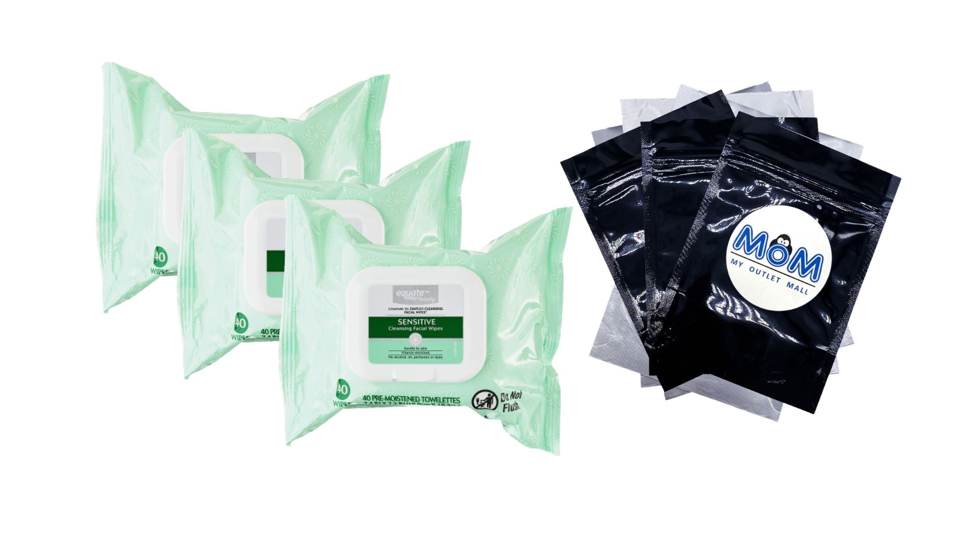 Sensitive Cleansing Facial Wipes, 3 pack, 40 wipes per pack, plus 3 My Outlet Mall Resealable Storage Pouches