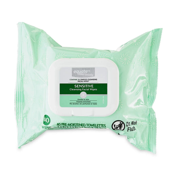 Sensitive Cleansing Facial Wipes, 3 pack, 40 wipes per pack, plus 3 My Outlet Mall Resealable Storage Pouches