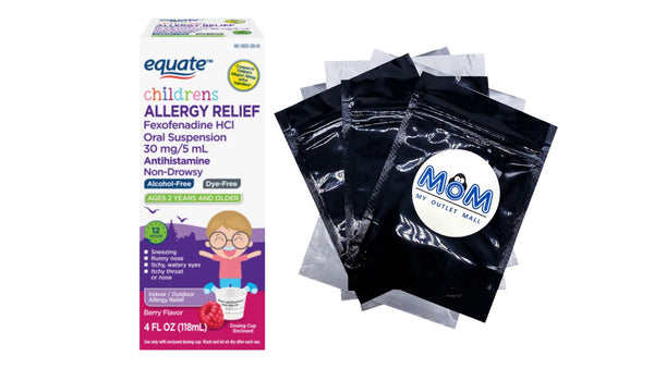 Children’s 12-Hour Allergy Relief Fexofenadine Liquid Berry Flavor, 1 pack, 4fl oz, plus 3 My Outlet Mall Resealable Storage Pouches