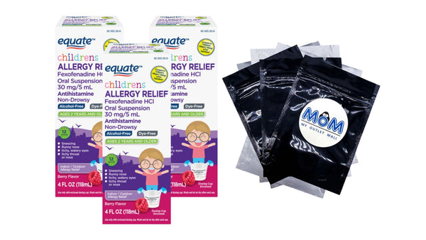 Children’s 12-Hour Allergy Relief Fexofenadine Liquid Berry Flavor, 3 pack, 4fl oz per pack, plus 3 My Outlet Mall Resealable Storage Pouches
