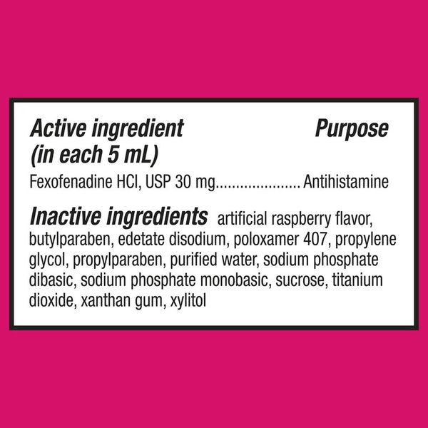 Children’s 12-Hour Allergy Relief Fexofenadine Liquid Berry Flavor, 1 pack, 4fl oz, plus 3 My Outlet Mall Resealable Storage Pouches