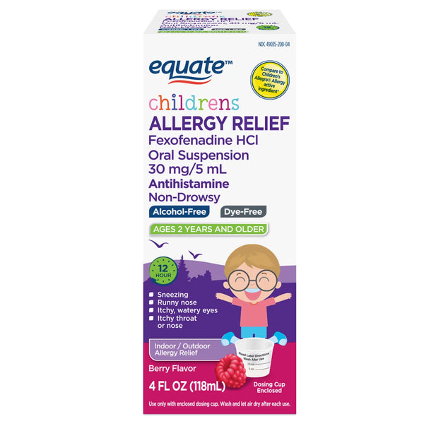 Children’s 12-Hour Allergy Relief Fexofenadine Liquid Berry Flavor, 3 pack, 4fl oz per pack, plus 3 My Outlet Mall Resealable Storage Pouches