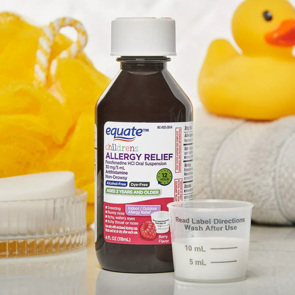 Children’s 12-Hour Allergy Relief Fexofenadine Liquid Berry Flavor, 1 pack, 4fl oz, plus 3 My Outlet Mall Resealable Storage Pouches