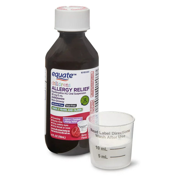 Children’s 12-Hour Allergy Relief Fexofenadine Liquid Berry Flavor, 1 pack, 4fl oz, plus 3 My Outlet Mall Resealable Storage Pouches