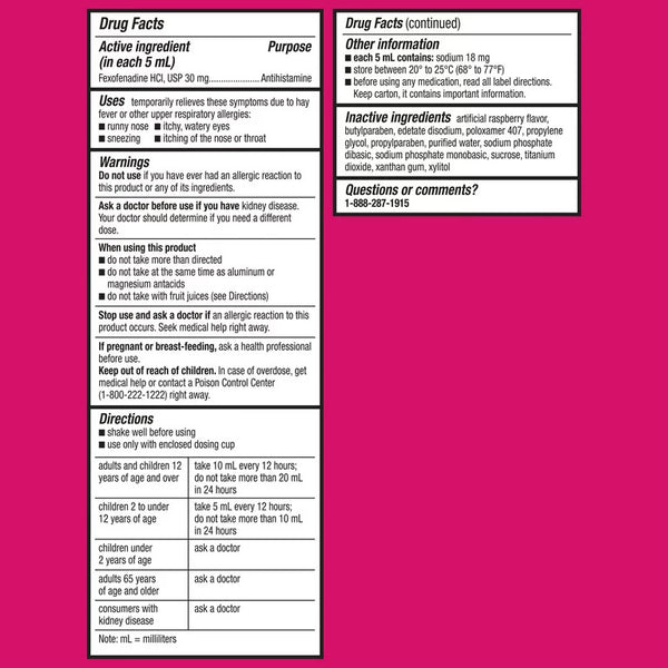Children’s 12-Hour Allergy Relief Fexofenadine Liquid Berry Flavor, 3 pack, 4fl oz per pack, plus 3 My Outlet Mall Resealable Storage Pouches