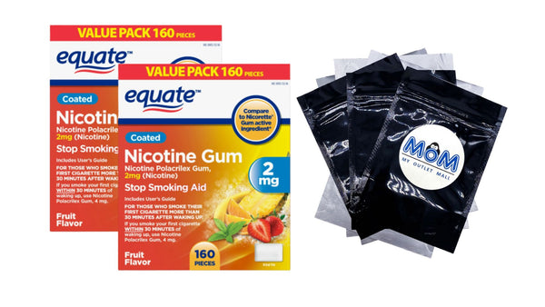 Coated Nicotine Gum 2 mg, Fruit Flavor, Stop Smoking Aid, 2 pack, 160 count per pack, plus 3 My Outlet Mall Resealable Storage Pouches
