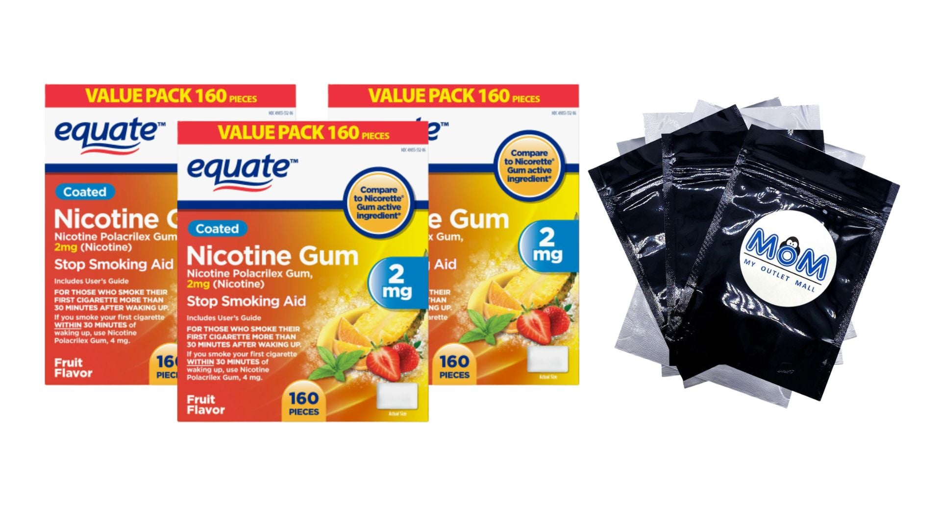 Coated Nicotine Gum 2 mg, Fruit Flavor, Stop Smoking Aid, 3 pack, 160 count per pack, plus 3 My Outlet Mall Resealable Storage Pouches