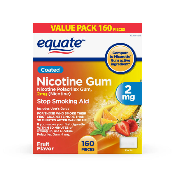 Coated Nicotine Gum 2 mg, Fruit Flavor, Stop Smoking Aid, 3 pack, 160 count per pack, plus 3 My Outlet Mall Resealable Storage Pouches