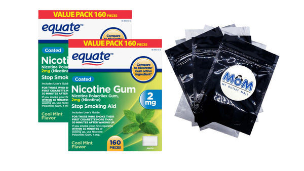 Coated Nicotine Polacrilex Gum 2 mg, Mint Flavor, Stop Smoking Aid, 2 pack, 160 count per pack, plus 3 My Outlet Mall Resealable Storage Pouches