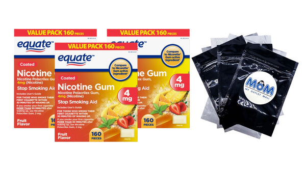Coated Nicotine Polacrilex Gum, 4 mg, Fruit Flavor, Stop Smoking Aid, 3 pack, 160 count per pack, plus 3 My Outlet Mall Resealable Storage Pouches