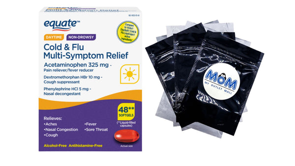 Daytime Cold and Flu Multi-Symptom Relief Fever Reducer Throat Remedies Nasal Decongestant Gels, 1 pack, 48 count, plus 3 My Outlet Mall Resealable Storage Pouches