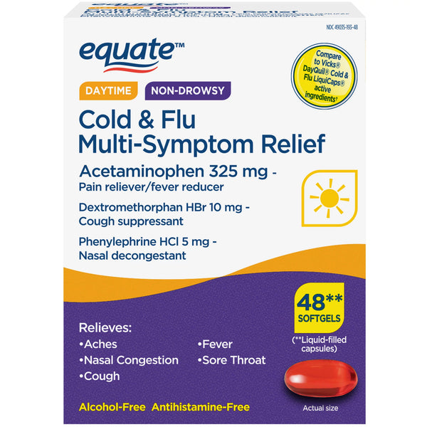 Daytime Cold and Flu Multi-Symptom Relief Fever Reducer Throat Remedies Nasal Decongestant Gels, 1 pack, 48 count, plus 3 My Outlet Mall Resealable Storage Pouches