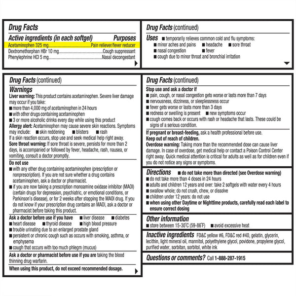 Daytime Cold and Flu Multi-Symptom Relief Fever Reducer Throat Remedies Nasal Decongestant Gels, 1 pack, 48 count, plus 3 My Outlet Mall Resealable Storage Pouches