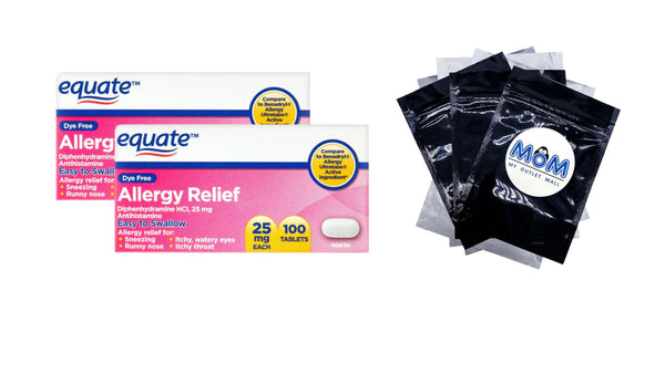 Dye-Free Allergy Relief Medicine 25mg, 2 pack, 100 count per pack, plus 3 My Outlet Mall Resealable Storage Pouches