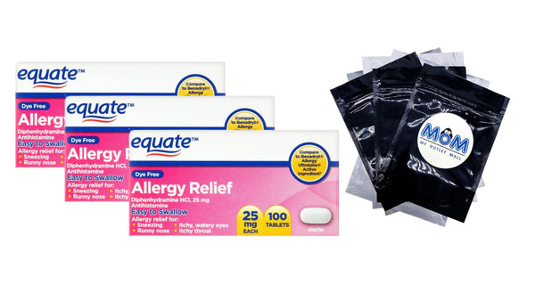 Dye-Free Allergy Relief Medicine 25mg, 3 pack, 100 count per pack, plus 3 My Outlet Mall Resealable Storage Pouches