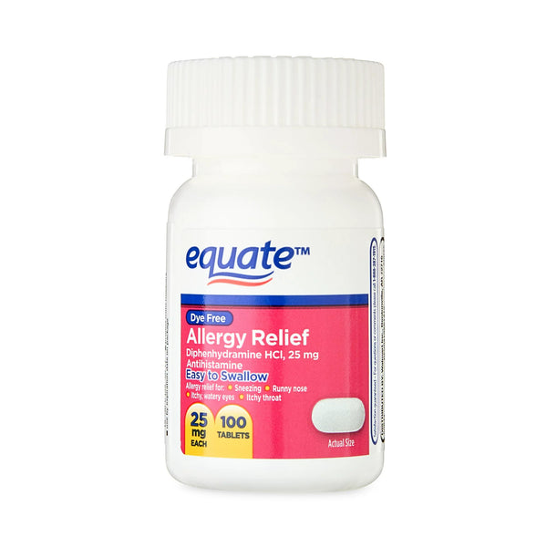 Dye-Free Allergy Relief Medicine 25mg, 2 pack, 100 count per pack, plus 3 My Outlet Mall Resealable Storage Pouches