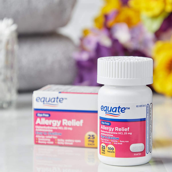 Dye-Free Allergy Relief Medicine 25mg, 2 pack, 100 count per pack, plus 3 My Outlet Mall Resealable Storage Pouches
