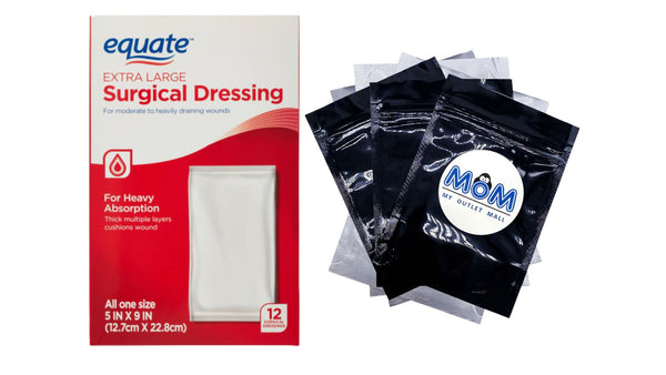 Extra Large Absorbent Surgical Dressing, For Moderate to Heavy Wounds, 1 pack, 12 count, plus 3 My Outlet Mall Resealable Storage Pouches