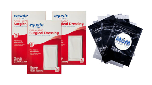 Extra Large Absorbent Surgical Dressing, For Moderate to Heavy Wounds, 3 pack, 12 count per pack, plus 3 My Outlet Mall Resealable Storage Pouches