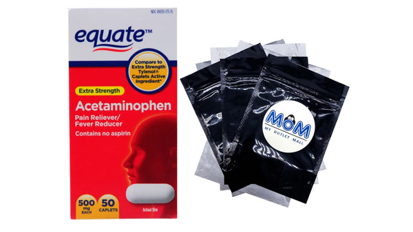 Extra Strength Acetaminophen Caplets, 500 mg - 1 pack - 50 count - plus 3 My Outlet Mall Resealable Storage Pouches