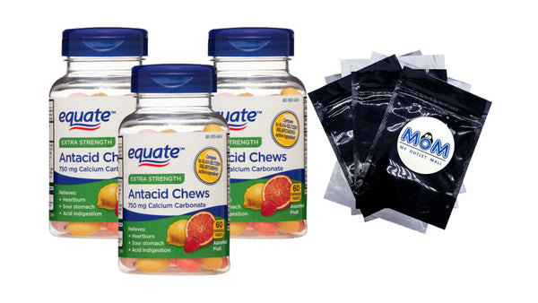 Extra Strength Heartburn Plus Antacid Relief Chews Assorted Fruit, 3 pack, 60 count per pack, plus 3 My Outlet Mall Resealable Storage Pouches