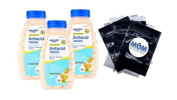 Extra Strength Sugar-Free Antacid Chewable Tablets, Orange Cream,750 mg, 3 pack, 90 count per pack, plus 3 My Outlet Mall Resealable Storage Pouches