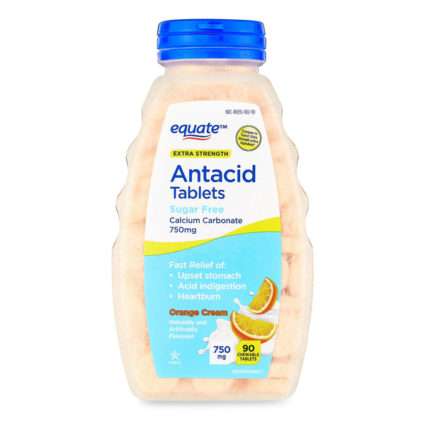 Extra Strength Sugar-Free Antacid Chewable Tablets, Orange Cream,750 mg, 3 pack, 90 count per pack, plus 3 My Outlet Mall Resealable Storage Pouches