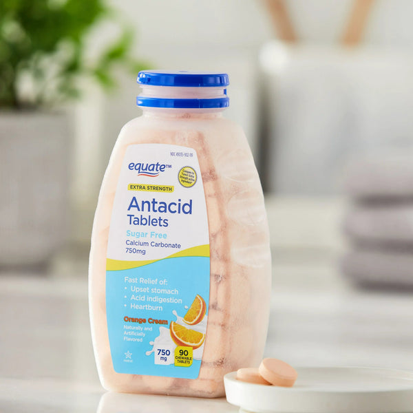 Extra Strength Sugar-Free Antacid Chewable Tablets, Orange Cream,750 mg, 3 pack, 90 count per pack, plus 3 My Outlet Mall Resealable Storage Pouches