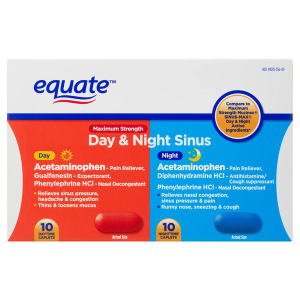 Maximum Strength Day & Night Sinus Relief Caplets, 3 pack, 20 count per pack, plus 3 My Outlet Mall Resealable Storage Pouches