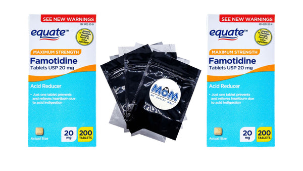 Maximum Strength Famotidine Tablets, 20 mg, 2 pack, 200 count per pack, plus 3 My Outlet Mall Resealable Storage Pouches