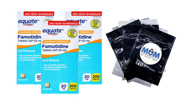 Maximum Strength Famotidine Tablets, 20 mg, 3 pack, 200 count per pack, plus 3 My Outlet Mall Resealable Storage Pouches